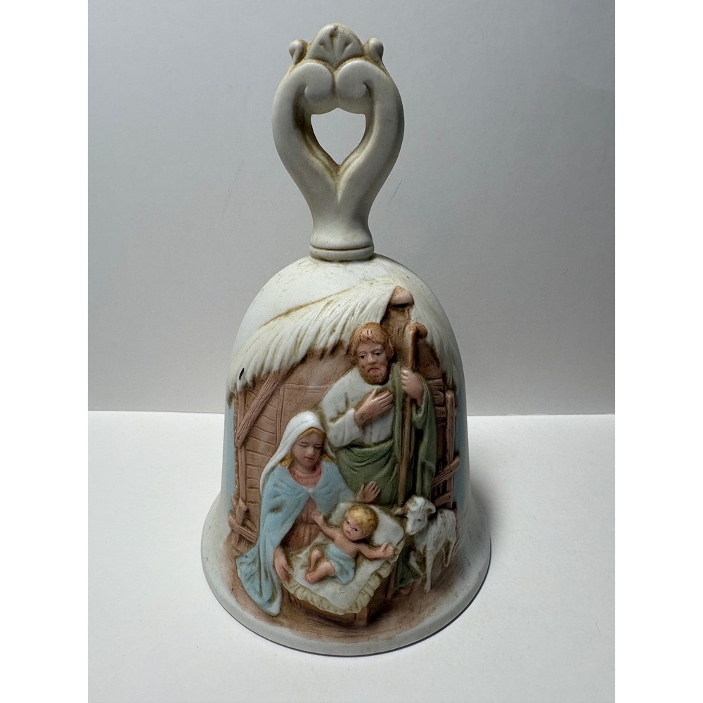 Homco Vintage Ceramic Nativity Bell 3D Relief Holy Family Heart Handle Taiwan